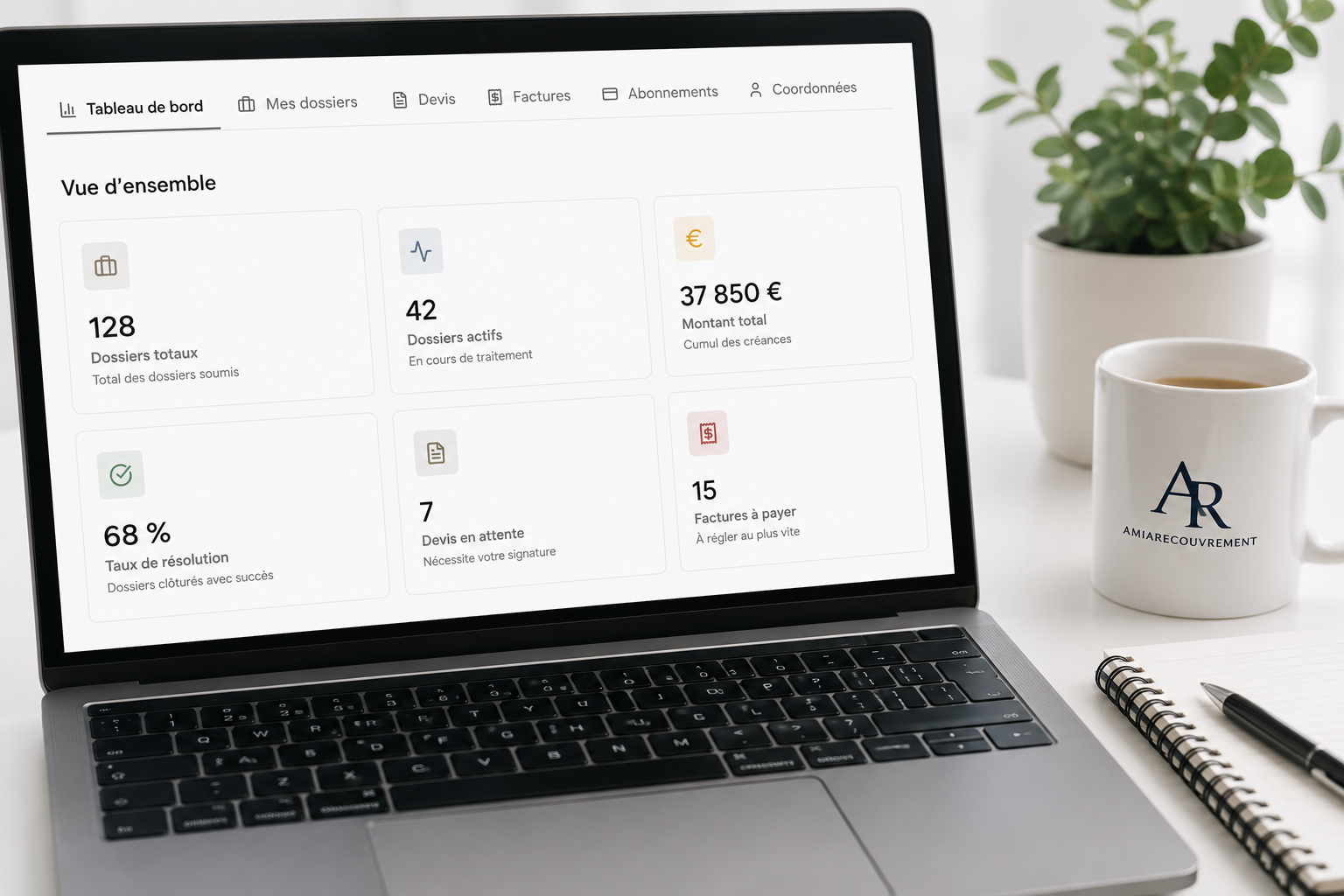 Tableau de bord avec graphiques et analytics pour le suivi des dossiers